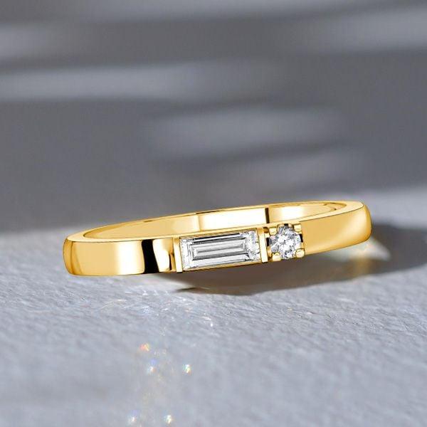 18K Gold Plated Sterling Silver Wedding Band with Round and Baguette Cubic Zirconia Stones