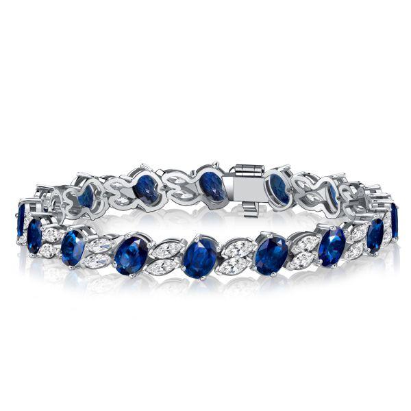 Blue Sapphire Bracelet - Oval & Marquise Cut - Sterling Silver Wedding Jewelry
