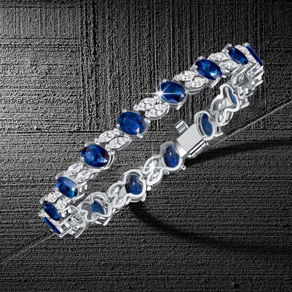 Blue Sapphire Bracelet - Oval & Marquise Cut - Sterling Silver Wedding Jewelry