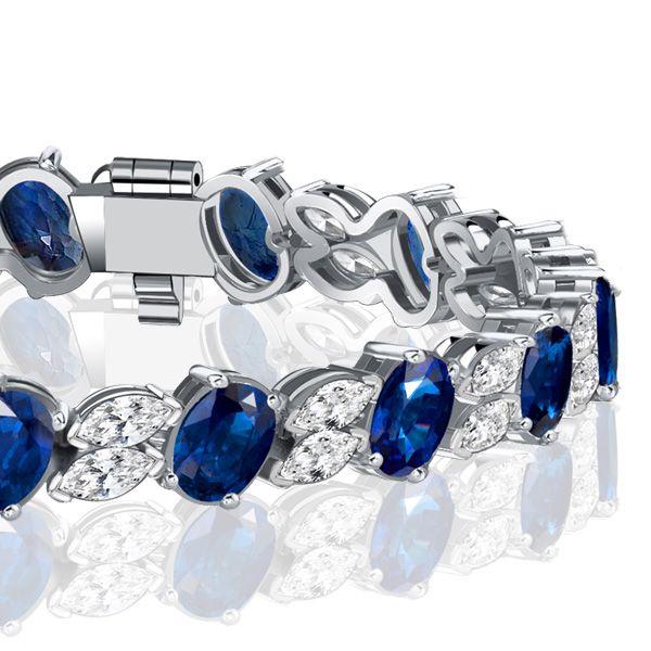 Blue Sapphire Bracelet - Oval & Marquise Cut - Sterling Silver Wedding Jewelry
