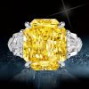 Emerald Cut Yellow Sapphire Three Stone Engagement Ring in Sterling Silver