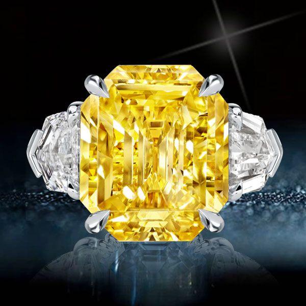 Emerald Cut Yellow Sapphire Three Stone Engagement Ring in Sterling Silver