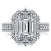 Halo Emerald Cut Sterling Silver Engagement Ring - Vintage Milgrain Detail