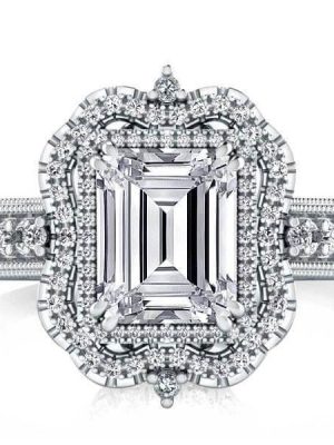 Halo Emerald Cut Sterling Silver Engagement Ring - Vintage Milgrain Detail