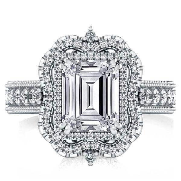 Halo Emerald Cut Sterling Silver Engagement Ring - Vintage Milgrain Detail
