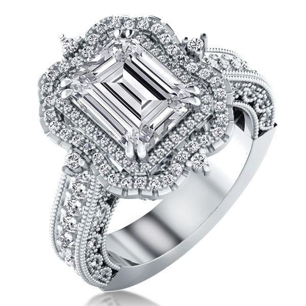 Halo Emerald Cut Sterling Silver Engagement Ring - Vintage Milgrain Detail