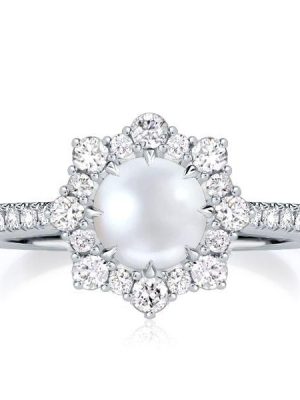 Halo Pearl Ring in 925 Sterling Silver with Rhodium Plating