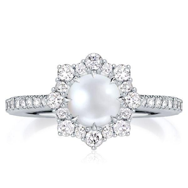 Halo Pearl Ring in 925 Sterling Silver with Rhodium Plating