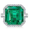 Halo Asscher Cut Emerald Green Engagement Ring - Sterling Silver