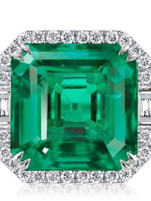 Halo Asscher Cut Emerald Green Engagement Ring - Sterling Silver