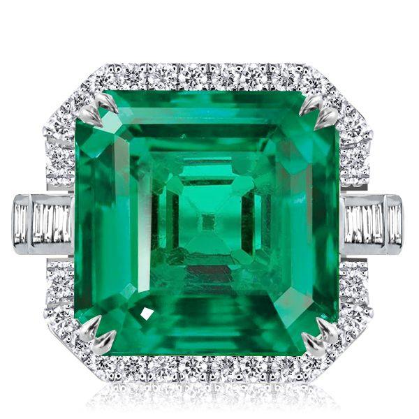 Halo Asscher Cut Emerald Green Engagement Ring - Sterling Silver