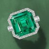 Halo Asscher Cut Emerald Green Engagement Ring - Sterling Silver