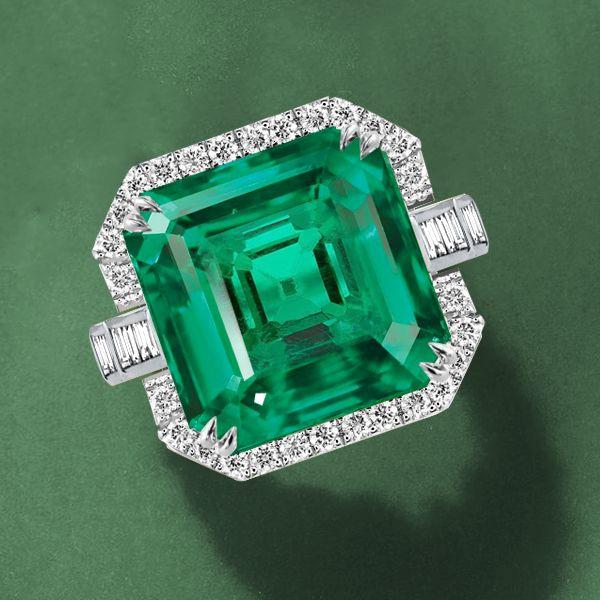 Halo Asscher Cut Emerald Green Engagement Ring - Sterling Silver
