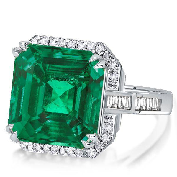 Halo Asscher Cut Emerald Green Engagement Ring - Sterling Silver