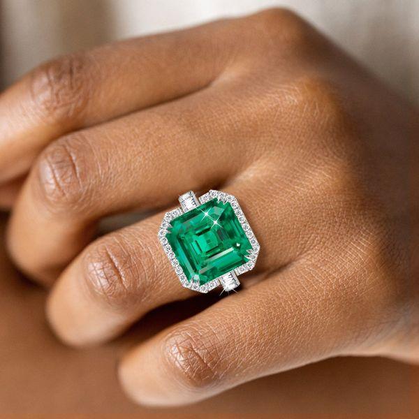Halo Asscher Cut Emerald Green Engagement Ring - Sterling Silver