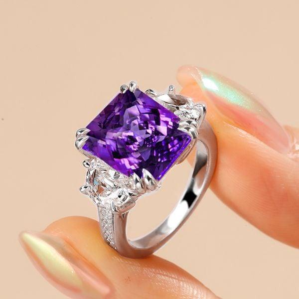 Radiant Cut Amethyst and Sapphire Ring in Rhodium Plated 925 Sterling Silver