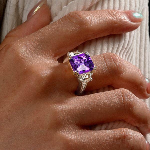 Radiant Cut Amethyst and Sapphire Ring in Rhodium Plated 925 Sterling Silver