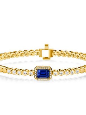 Emerald Cut Blue Sapphire Tennis Bracelet in 18K Gold Plated Sterling Silver