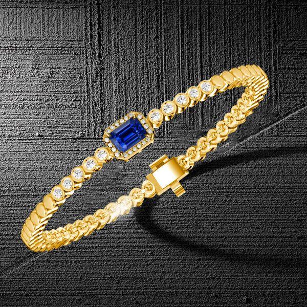 Emerald Cut Blue Sapphire Tennis Bracelet in 18K Gold Plated Sterling Silver