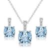 Aquamarine and Sapphire Cushion Cut Sterling Silver Necklace and Earring Set