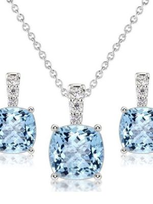 Aquamarine and Sapphire Cushion Cut Sterling Silver Necklace and Earring Set