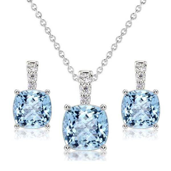 Aquamarine and Sapphire Cushion Cut Sterling Silver Necklace and Earring Set