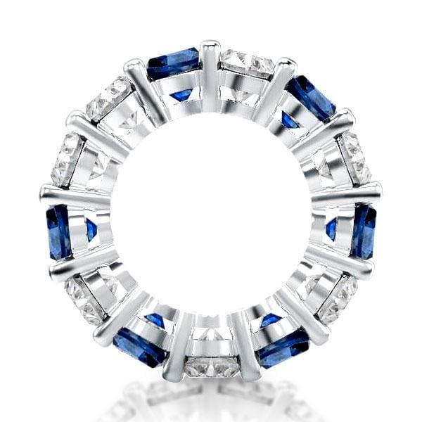 Cushion Cut White and Blue Sapphire Eternity Band Ring in Sterling Silver