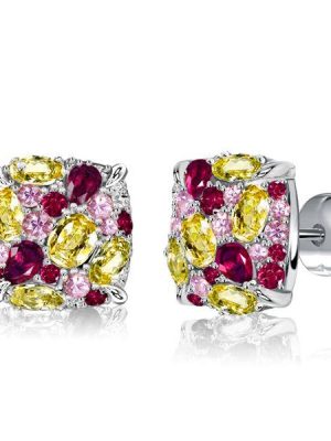 Multi-Stone Stud Earrings: Yellow Topaz, Ruby, Pink - 925 Sterling Silver