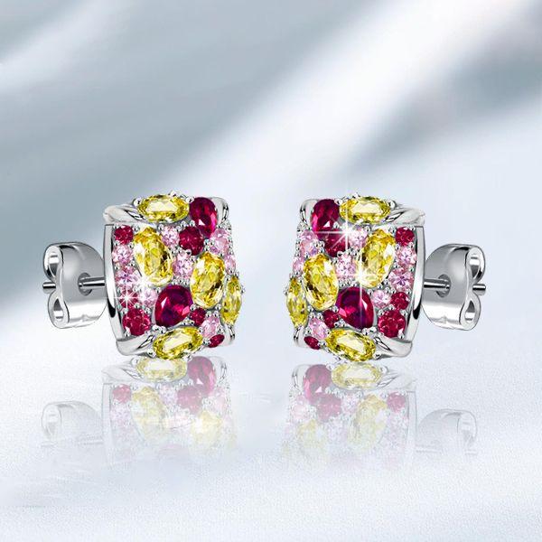 Multi-Stone Stud Earrings: Yellow Topaz, Ruby, Pink - 925 Sterling Silver