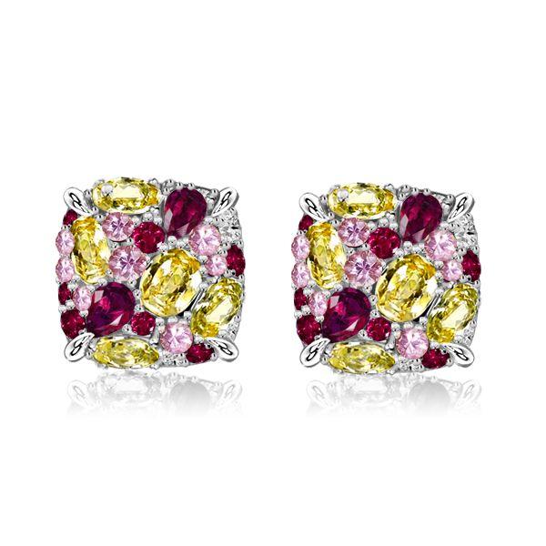 Multi-Stone Stud Earrings: Yellow Topaz, Ruby, Pink - 925 Sterling Silver