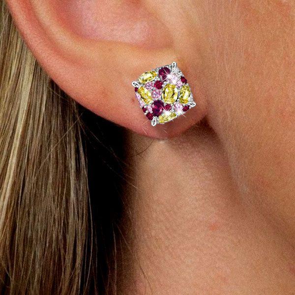 Multi-Stone Stud Earrings: Yellow Topaz, Ruby, Pink - 925 Sterling Silver