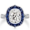 Art Deco Cushion Cut Blue Sapphire Halo Engagement Ring in Rhodium Plated Sterling Silver