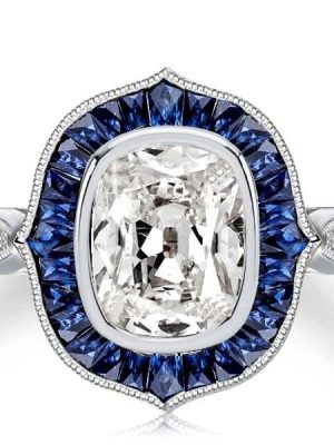 Art Deco Cushion Cut Blue Sapphire Halo Engagement Ring in Rhodium Plated Sterling Silver