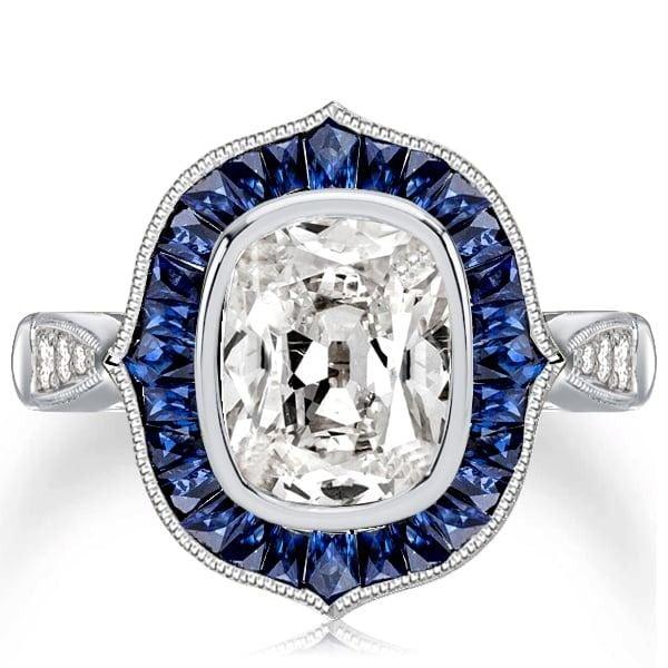 Art Deco Cushion Cut Blue Sapphire Halo Engagement Ring in Rhodium Plated Sterling Silver
