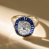 Art Deco Cushion Cut Blue Sapphire Halo Engagement Ring in Rhodium Plated Sterling Silver