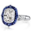Art Deco Cushion Cut Blue Sapphire Halo Engagement Ring in Rhodium Plated Sterling Silver