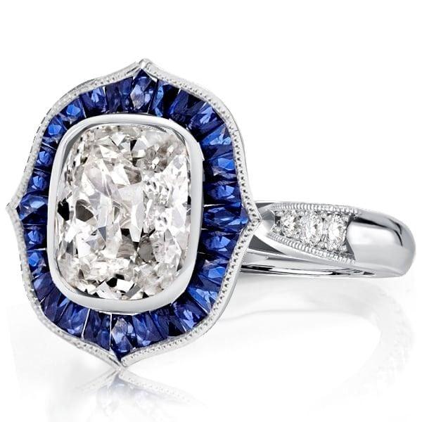 Art Deco Cushion Cut Blue Sapphire Halo Engagement Ring in Rhodium Plated Sterling Silver
