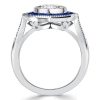 Art Deco Cushion Cut Blue Sapphire Halo Engagement Ring in Rhodium Plated Sterling Silver
