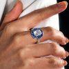 Art Deco Cushion Cut Blue Sapphire Halo Engagement Ring in Rhodium Plated Sterling Silver