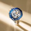 Art Deco Cushion Cut Blue Sapphire Halo Engagement Ring in Rhodium Plated Sterling Silver