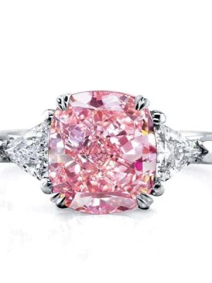 Pink Cushion Cut Three Stone Engagement Ring in Sterling Silver