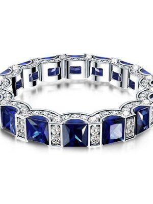 Sterling Silver Round & Princess Cut Blue CZ Wedding Band Eternity Ring