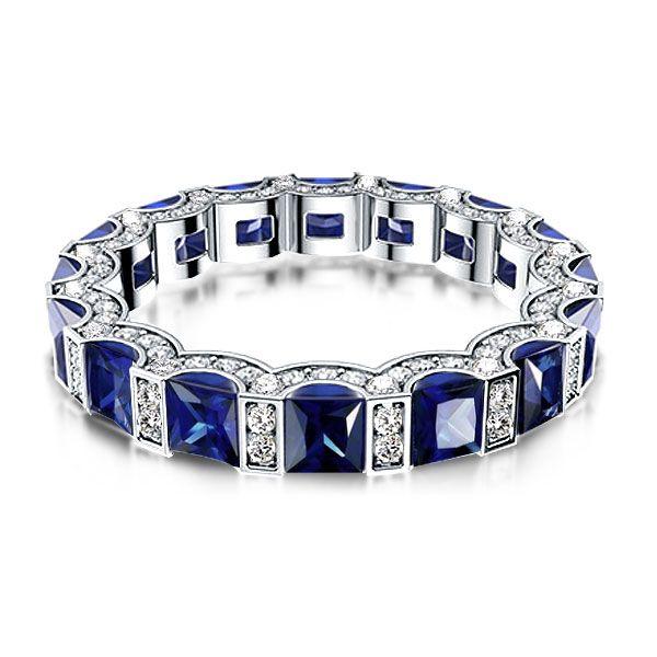 Sterling Silver Round & Princess Cut Blue CZ Wedding Band Eternity Ring