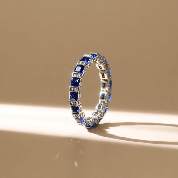 Sterling Silver Round & Princess Cut Blue CZ Wedding Band Eternity Ring
