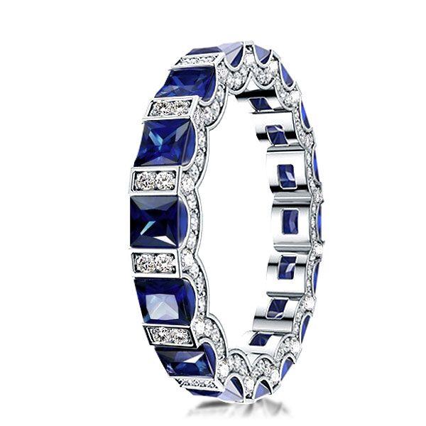 Sterling Silver Round & Princess Cut Blue CZ Wedding Band Eternity Ring