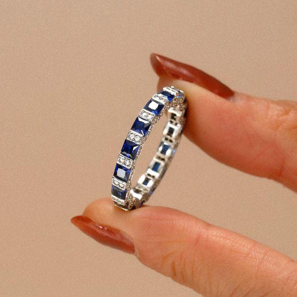Sterling Silver Round & Princess Cut Blue CZ Wedding Band Eternity Ring