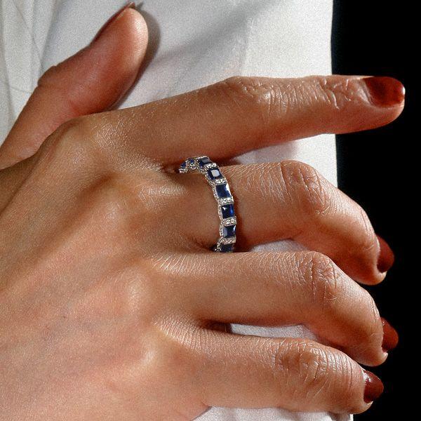Sterling Silver Round & Princess Cut Blue CZ Wedding Band Eternity Ring