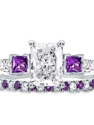 Sterling Silver 3 Stone Radiant Cut Amethyst Ring Set for Women