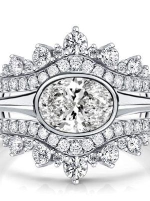 Oval Cut Engagement Ring Enhancer Guard Set in Rhodium Plated Sterling Silver