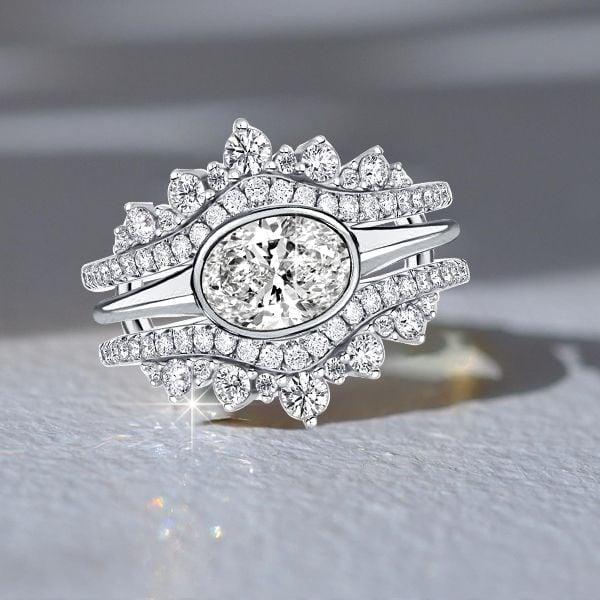 Oval Cut Engagement Ring Enhancer Guard Set in Rhodium Plated Sterling Silver